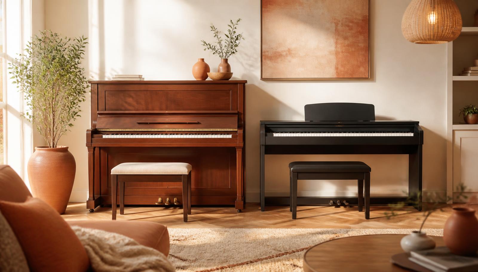 Akustisk piano og digitalt piano side om side i en lys stue med varme farger
