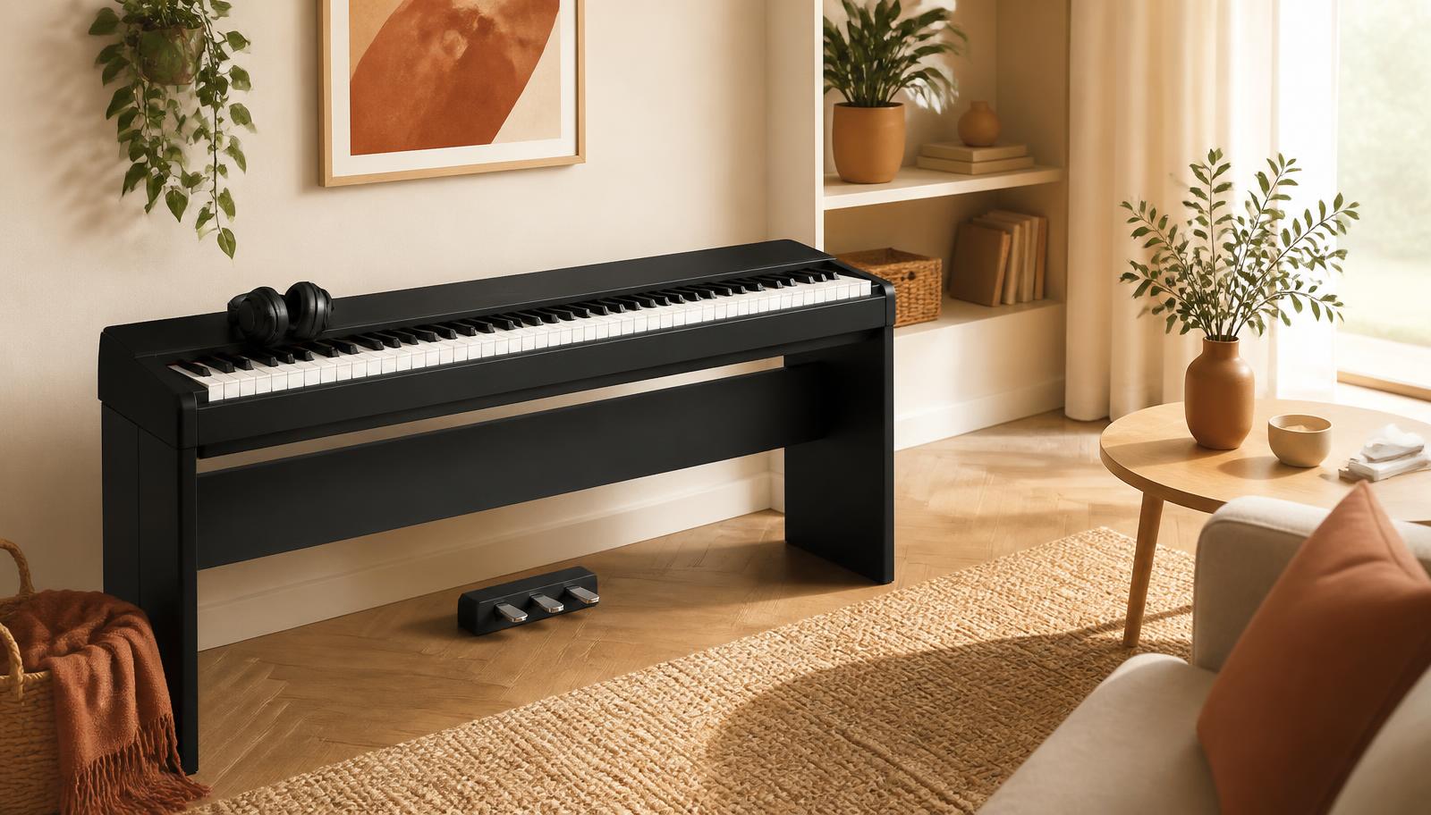 Digitalt piano med 88 vektede tangenter og hodetelefoner i en stue